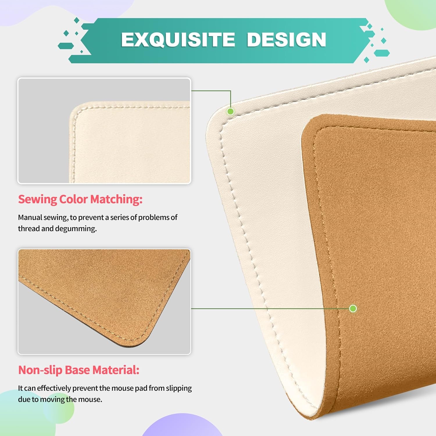 Leather Mouse Pad with Stitched Edge Micro-Fiber Base with Non-Slip Waterproof，Mouse Pad for Computers，Laptop, 8X11Inch (Milky White)