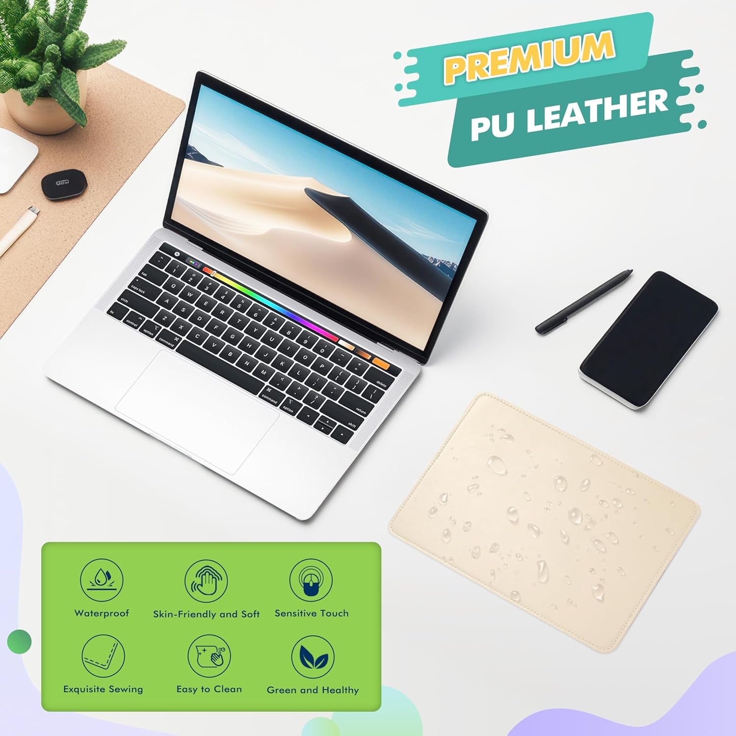 Leather Mouse Pad with Stitched Edge Micro-Fiber Base with Non-Slip Waterproof，Mouse Pad for Computers，Laptop, 8X11Inch (Milky White)