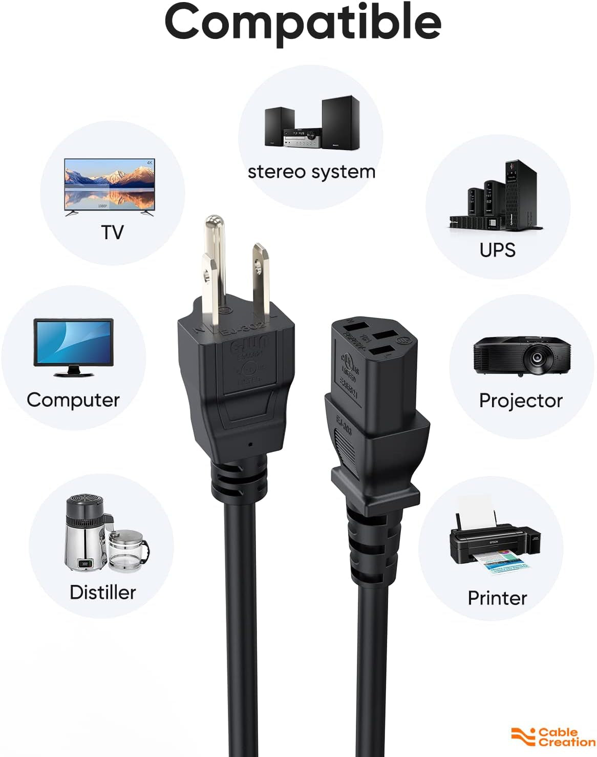 [2-Pack] 1 Feet 18 AWG Universal Power Cord for NEMA 5-15P to IEC320C13 Cable, 0.3M / Black